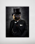 Matte personalized pug dog portrait poster in a black top hat and suit, against a dark background.