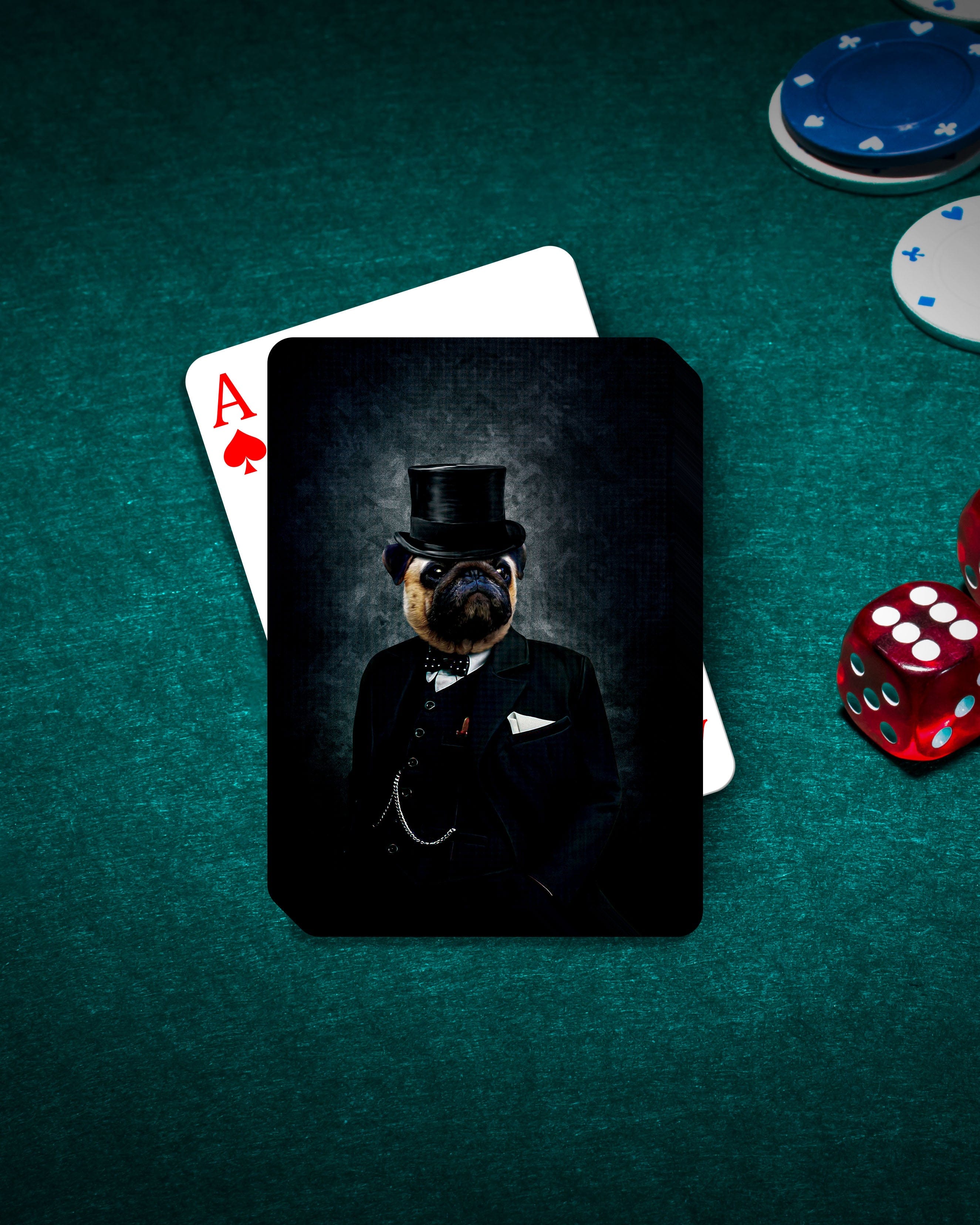 Personalized playing cards featuring a custom renaissance portrait of a pug dog in a suit and top hat.
