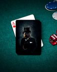 Personalized playing cards featuring a custom renaissance portrait of a pug dog in a suit and top hat.
