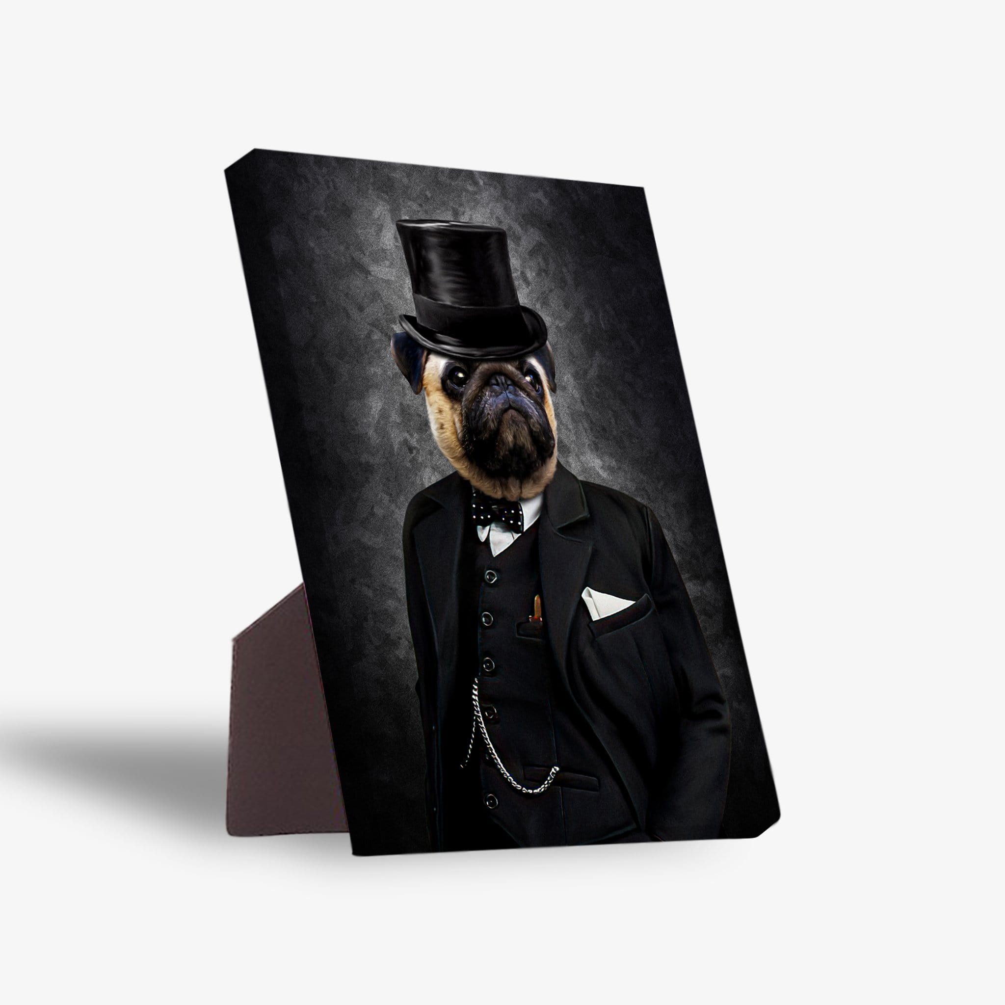 Personalized pet standing canvas featuring a pug in a black top hat and suit, displayed with a sturdy stand.
