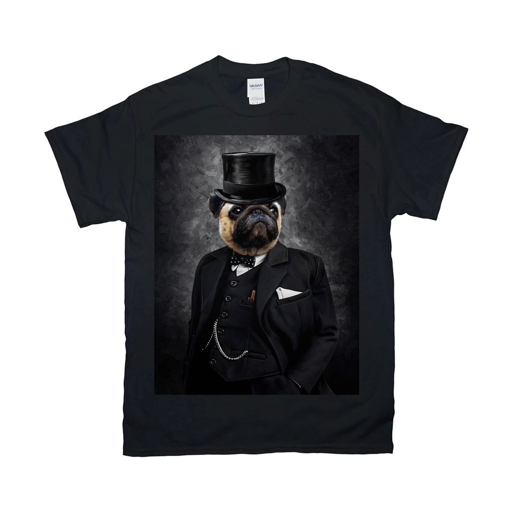 Black Gildan t-shirt with a personalized pug portrait wearing a top hat and suit.