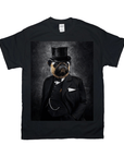 Black Gildan t-shirt with a personalized pug portrait wearing a top hat and suit.