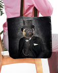 Personalized black tote bag with a royal renaissance portrait of a pug in a top hat and suit.