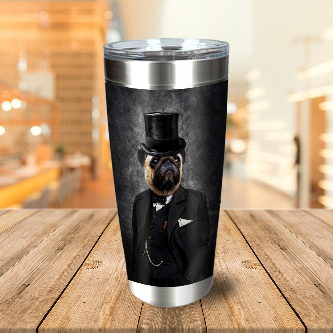 Personalized 7" stainless steel tumbler with a custom royal portrait of a pug in a black suit and top hat.
