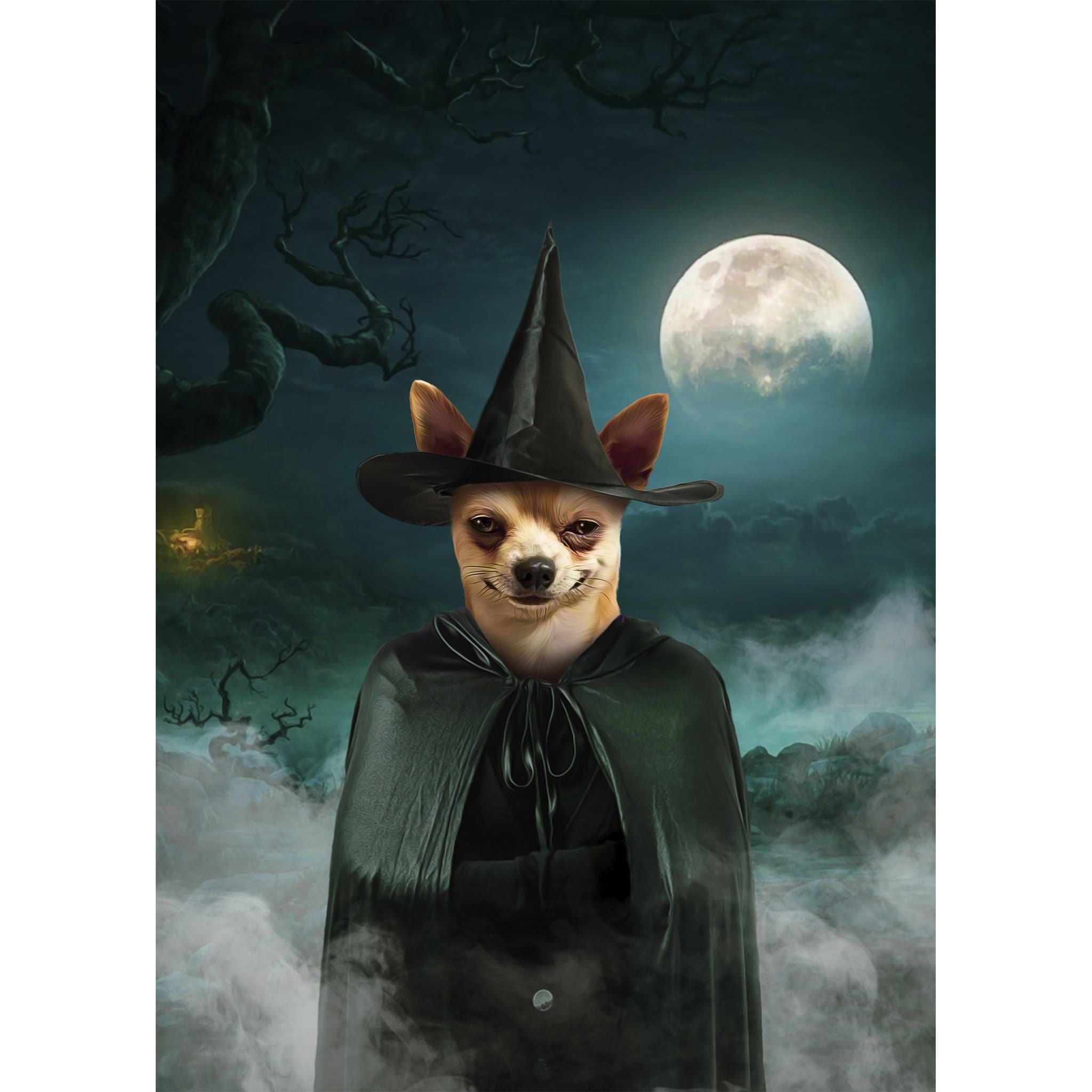 Custom digital portrait of a chihuahua dog dressed as a witch with a black hat and cape, against a spooky full moon night sky.