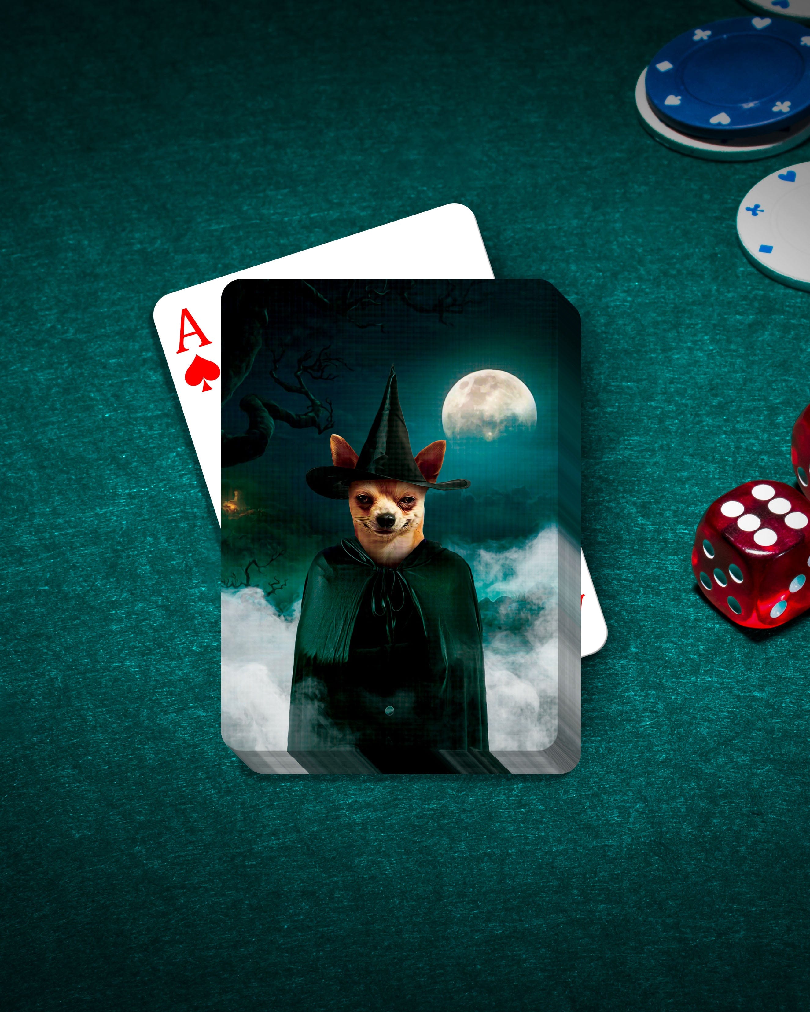 Personalized playing cards featuring a custom pet portrait of a chihuahua dressed as a witch under a full moon.