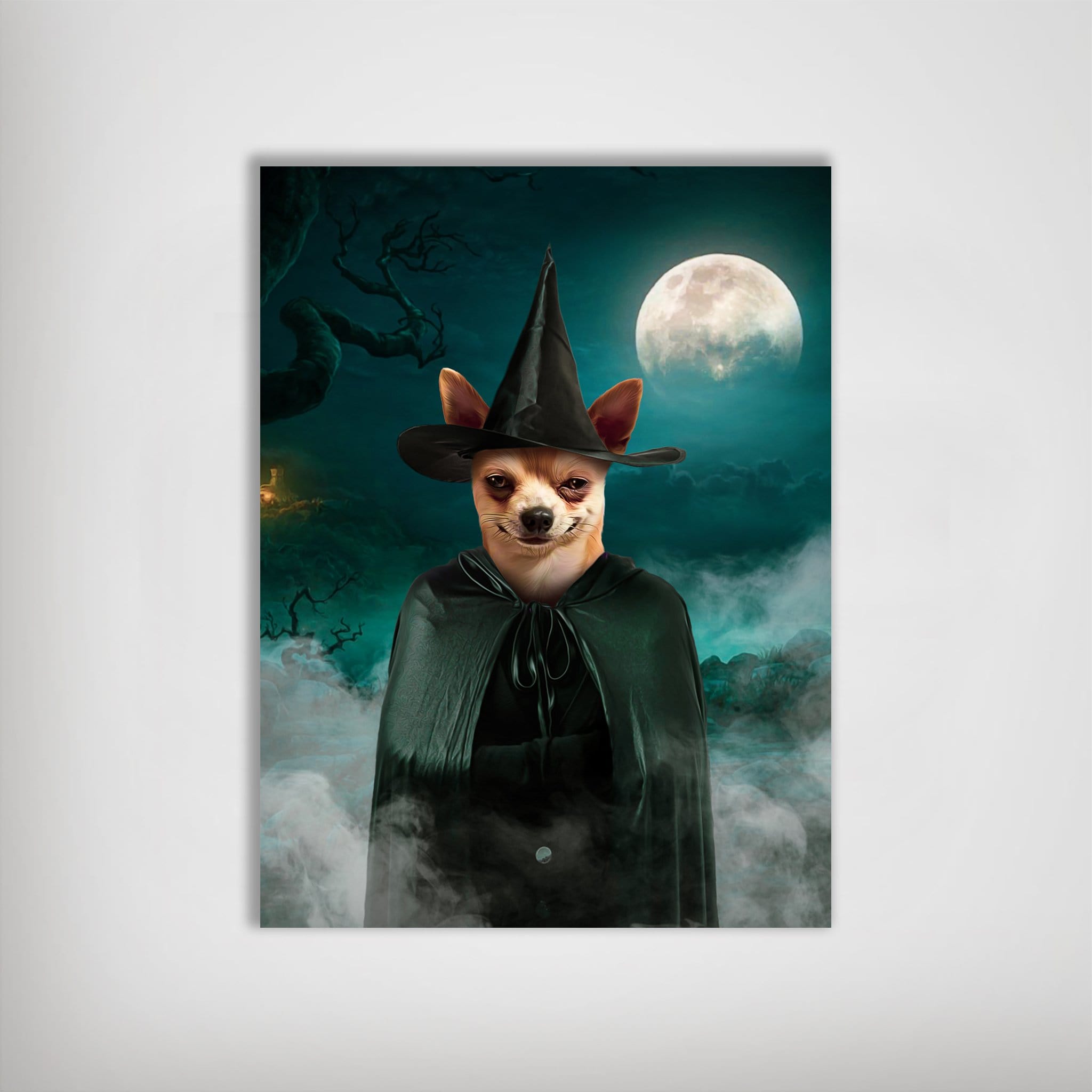 Personalized pet poster featuring a chihuahua in a black witch hat and dark green cape under a full moon.