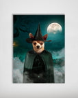 Personalized pet poster featuring a chihuahua in a black witch hat and dark green cape under a full moon.