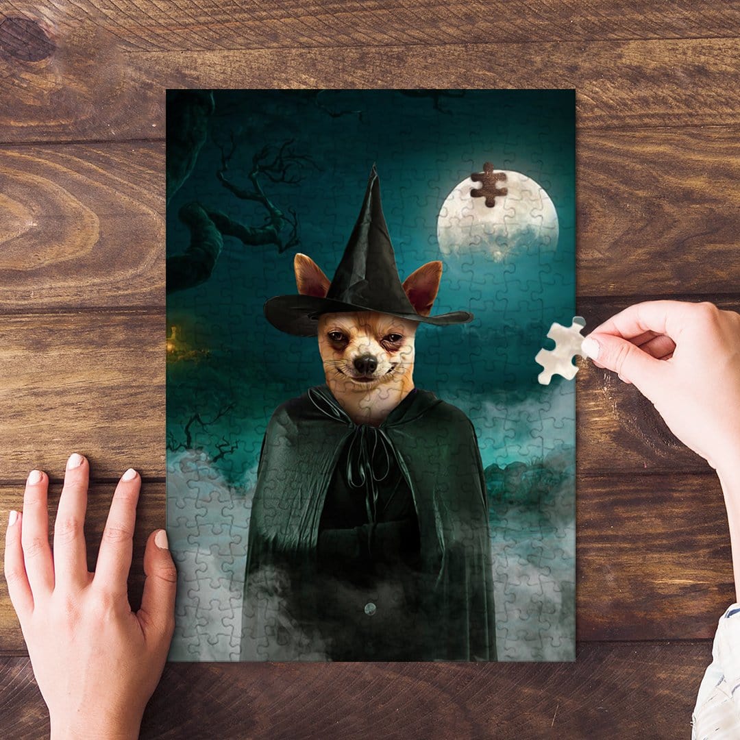 Personalized pet puzzle featuring a chihuahua in a witch costume against a moonlit, spooky background.