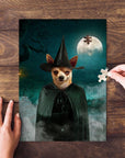 Personalized pet puzzle featuring a chihuahua in a witch costume against a moonlit, spooky background.
