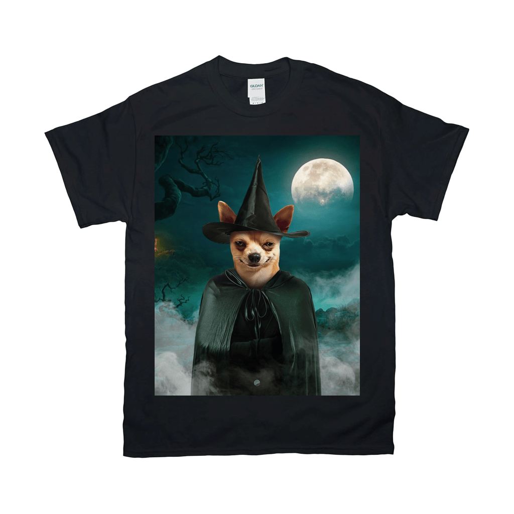 Black Gildan t-shirt with a personalized print of a chihuahua dressed as a witch under a full moon.