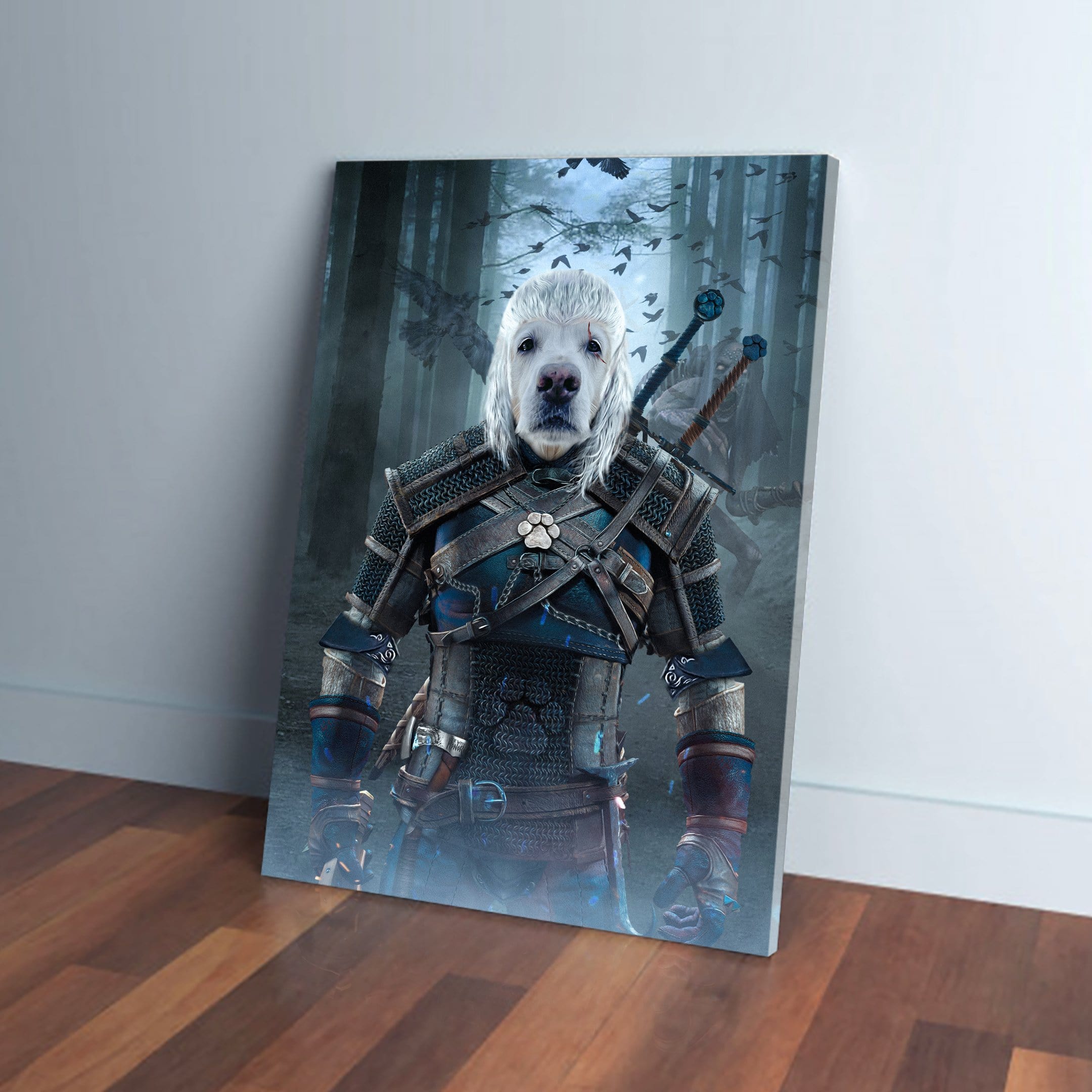 Personalized pet canvas featuring a white dog's head on a Witcher-style warrior body in a dark forest.