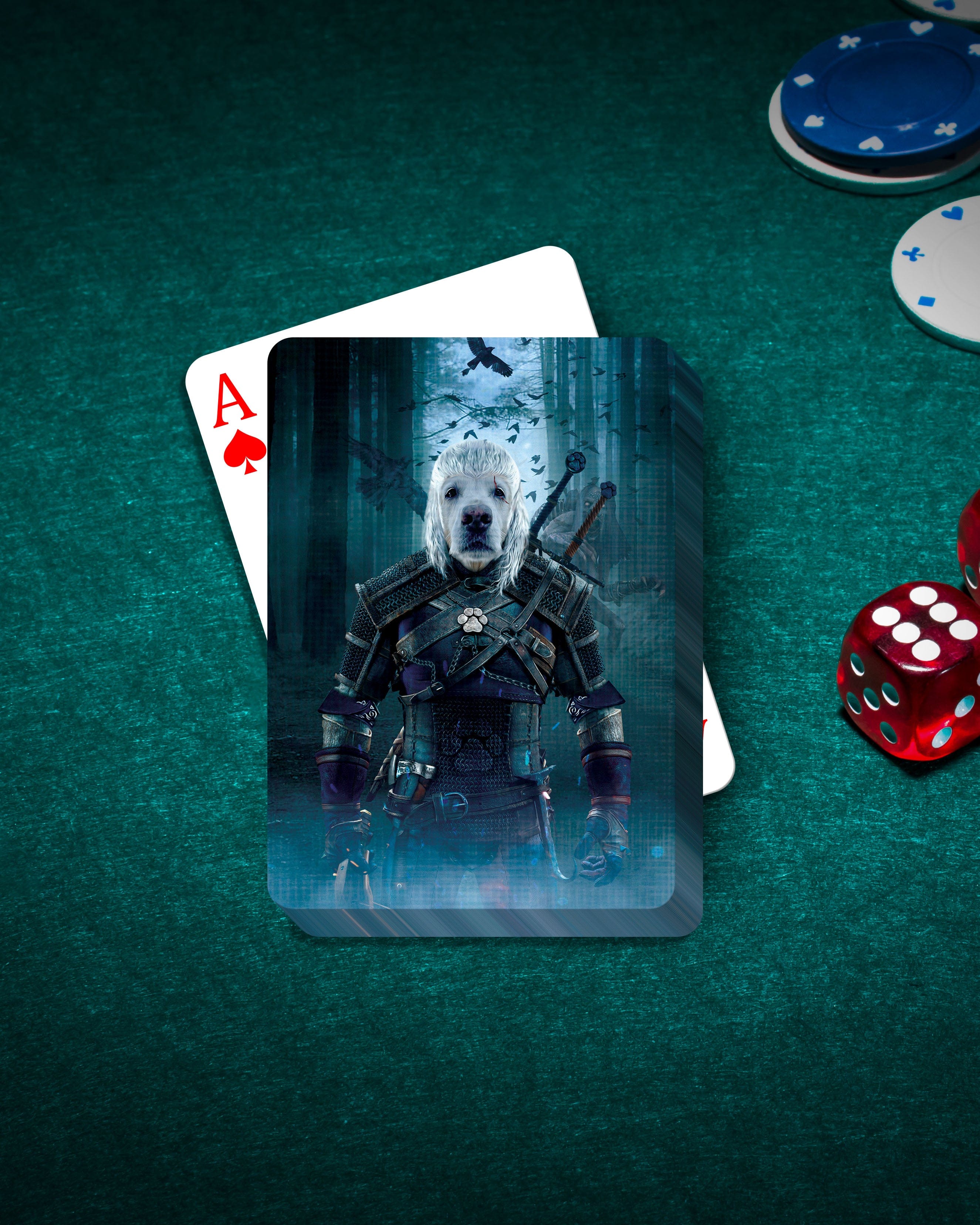 Personalized Witcher Doggo playing cards featuring a white dog in fantasy armor.