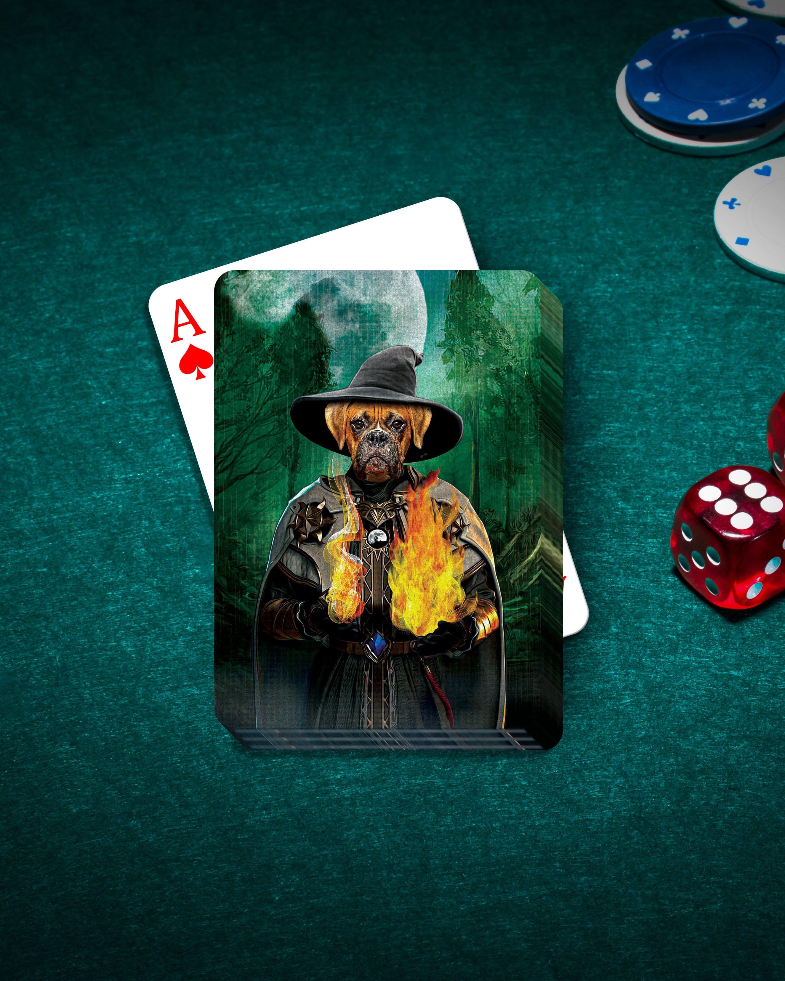 Personalized Witcher Doggo playing cards featuring a custom dog portrait as a wizard holding fire.