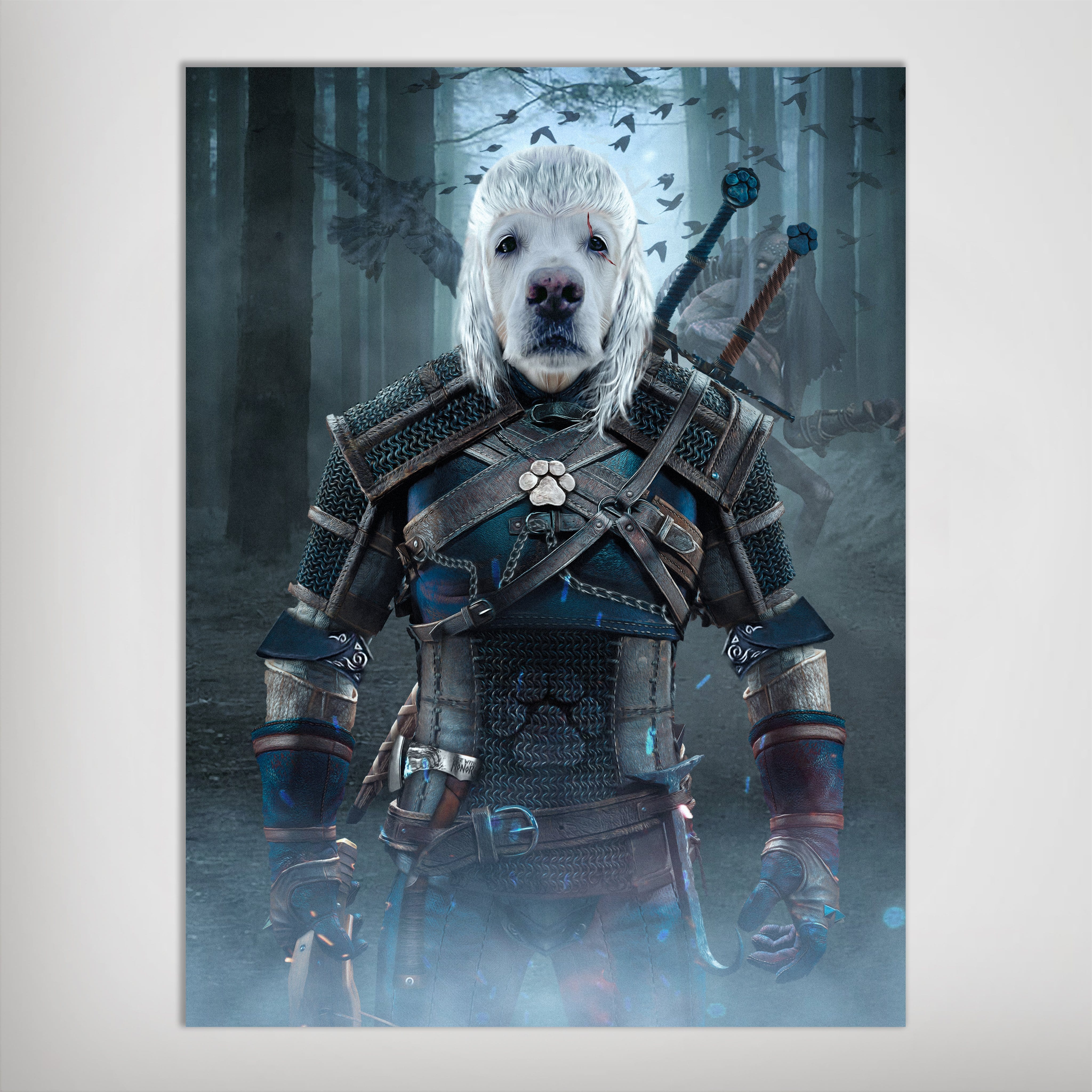 Personalized "Witcher Doggo" pet poster featuring a white dog's head on a warrior's body in a dark forest.