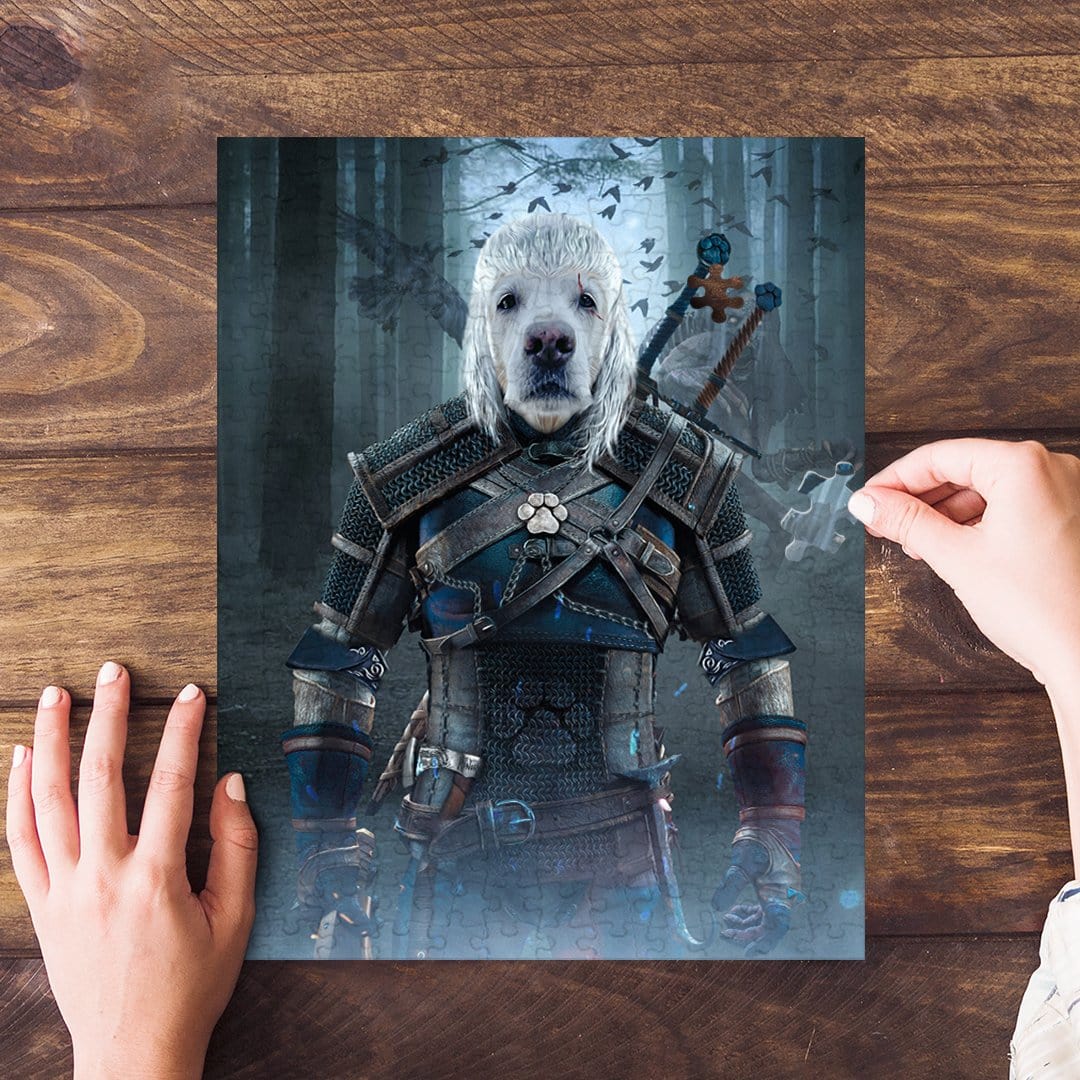 Personalized Witcher Doggo pet puzzle featuring a white dog in fantasy armor, held by hands on wood.