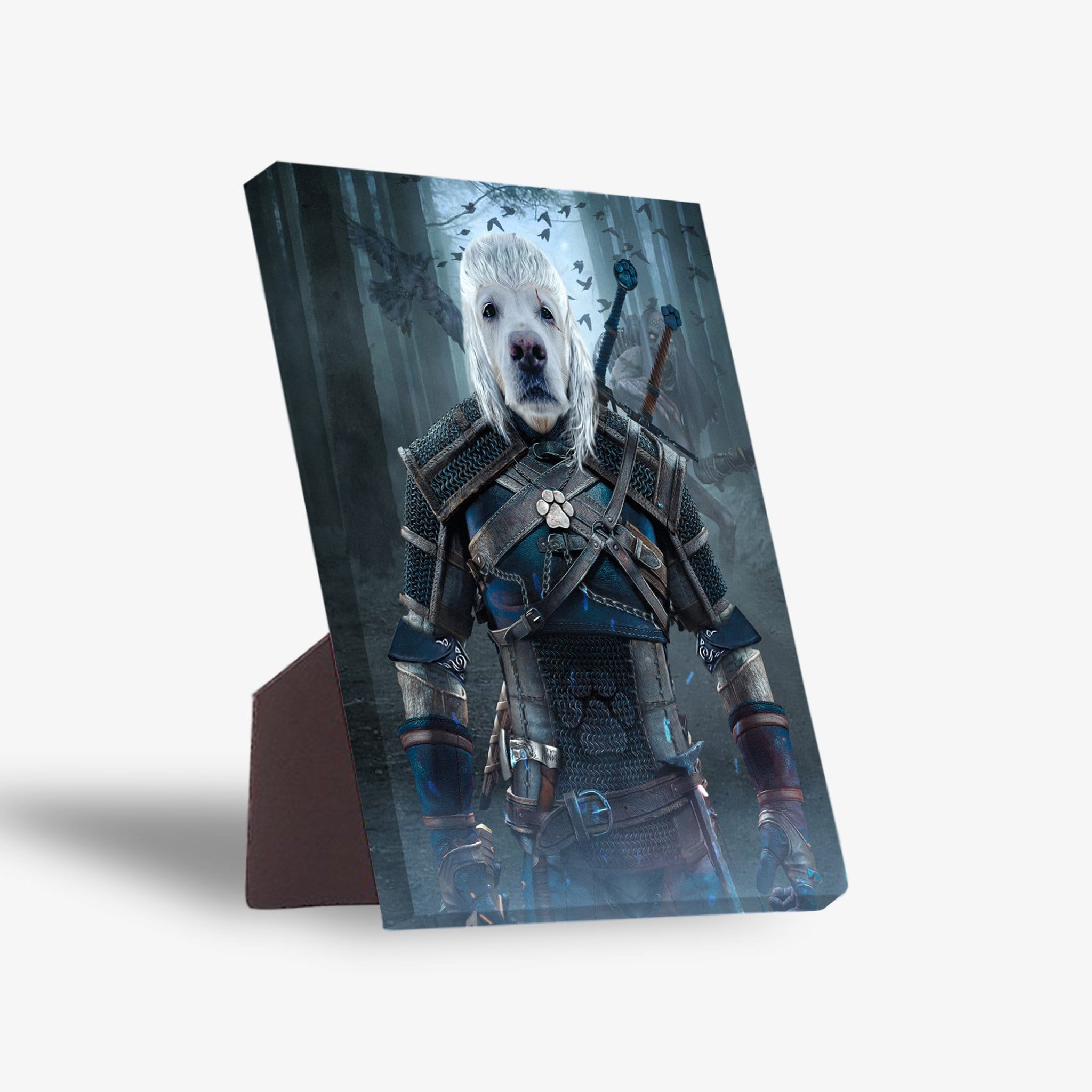 Personalized pet standing canvas featuring a white dog's head on a Witcher-style warrior body in a dark forest.