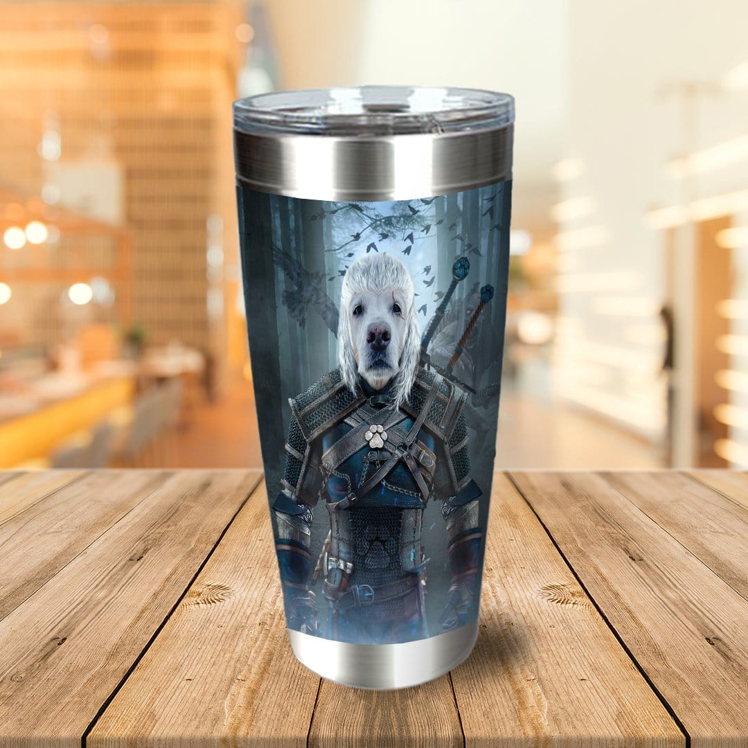 Personalized stainless steel tumbler with a custom dog portrait in Witcher-style armor.