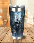 Personalized stainless steel tumbler with a custom dog portrait in Witcher-style armor.