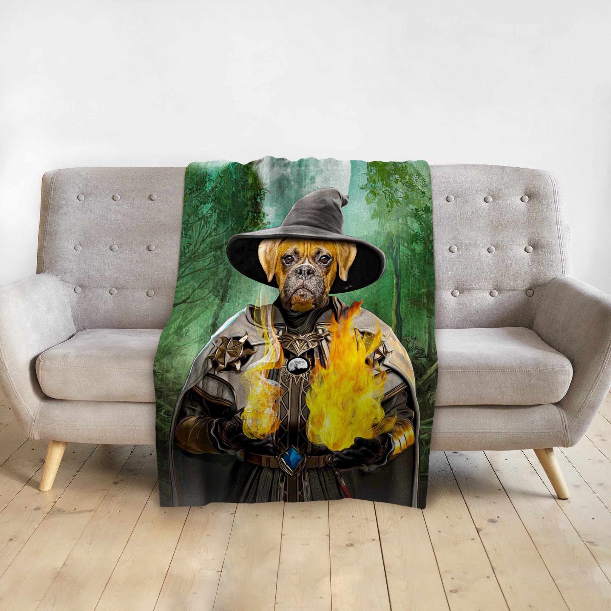 Personalized pet blanket with a boxer dog portrait as a wizard holding fire, set against a forest.