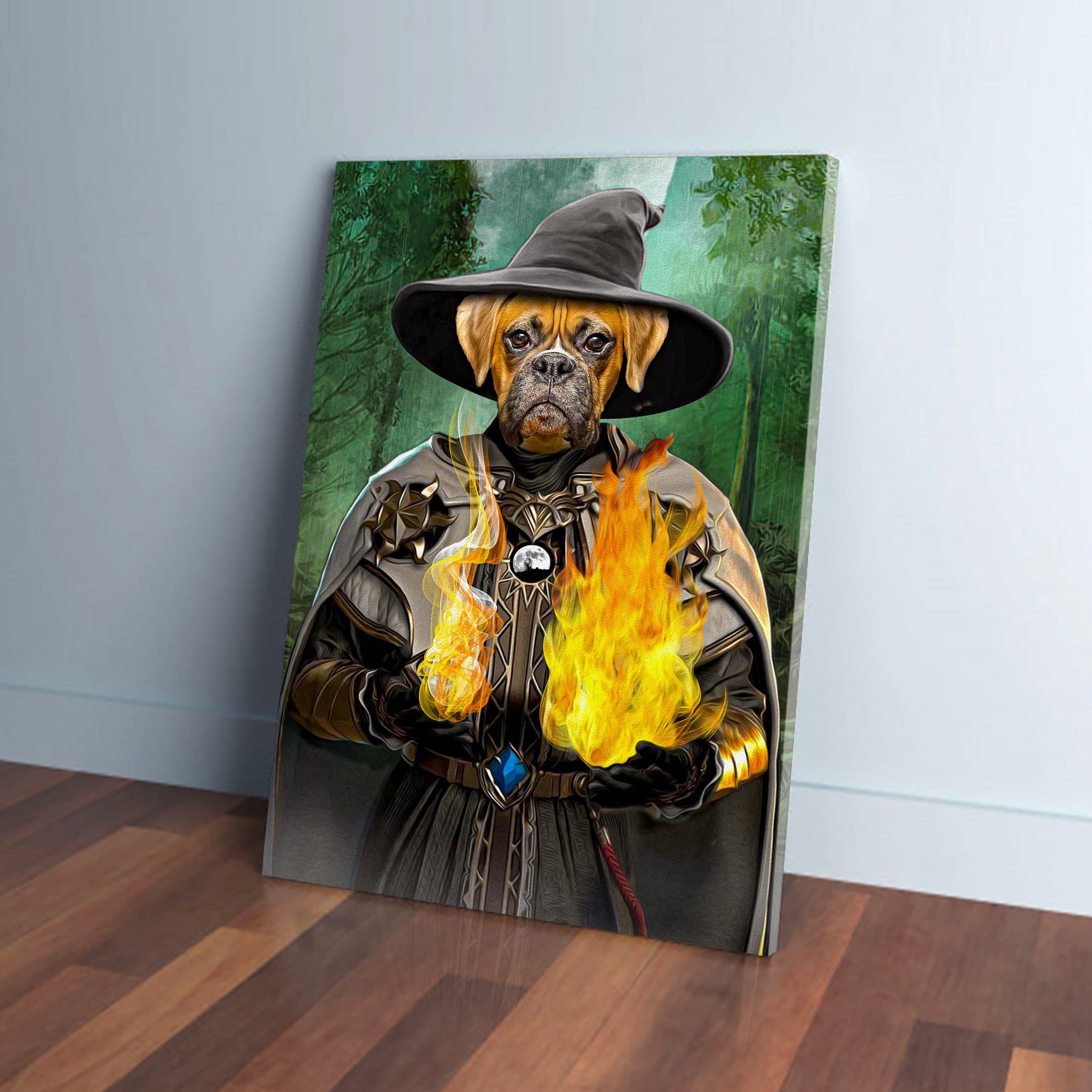 Personalized pet canvas featuring a Boxer dog as a wizard in a black hat and cape, holding fire.