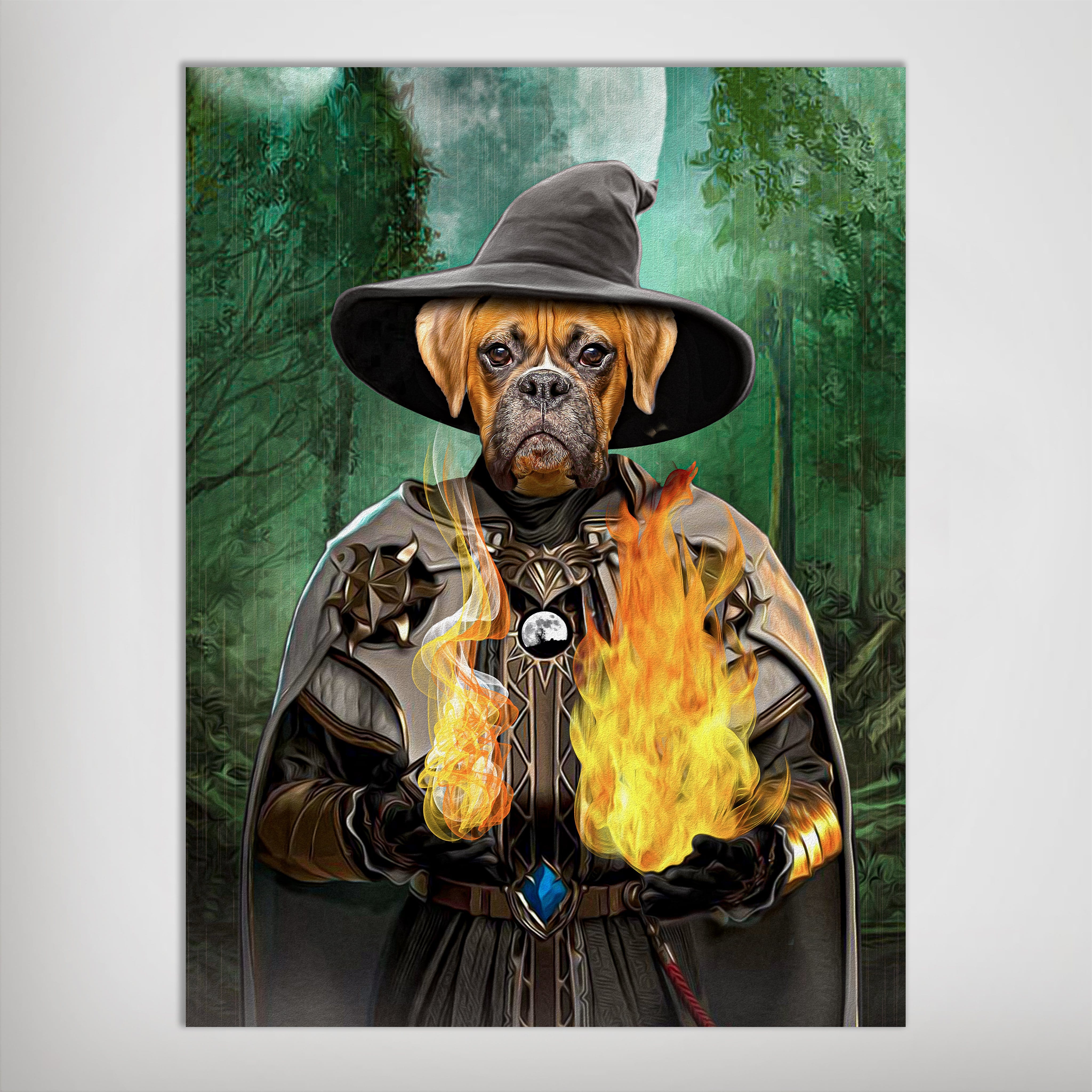 Personalized pet poster featuring a boxer dog as a wizard in a dark forest, holding fire.