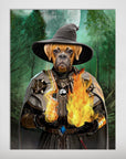 Personalized pet poster featuring a boxer dog as a wizard in a dark forest, holding fire.