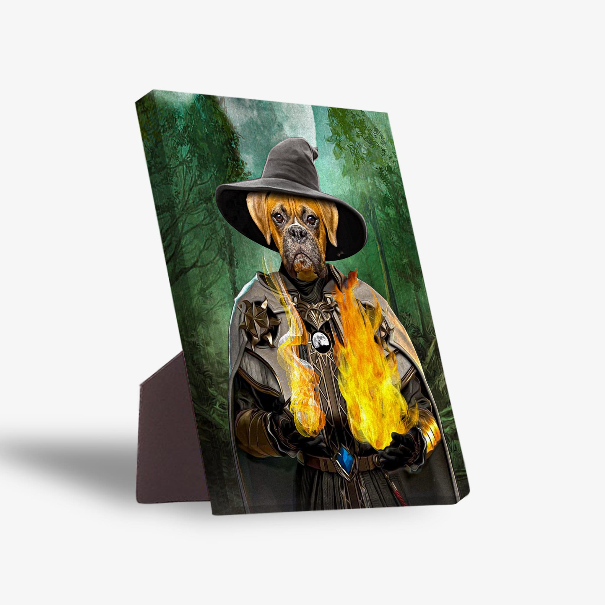 Personalized pet portrait canvas featuring a dog dressed as a wizard, holding fire, against a dark forest backdrop.