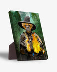 Personalized pet portrait canvas featuring a dog dressed as a wizard, holding fire, against a dark forest backdrop.