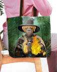 Personalized Wizard pet portrait tote bag featuring a Boxer dog in a wizard hat holding fire.
