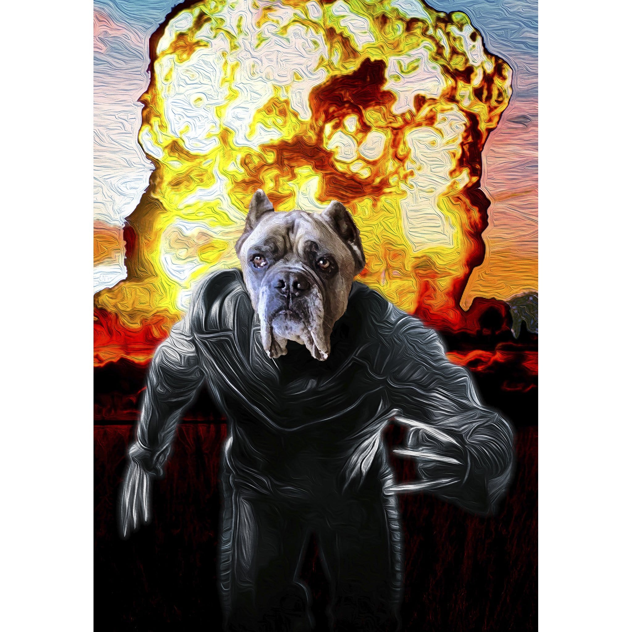 Custom digital portrait of a dog as Wolverine with an explosion background.