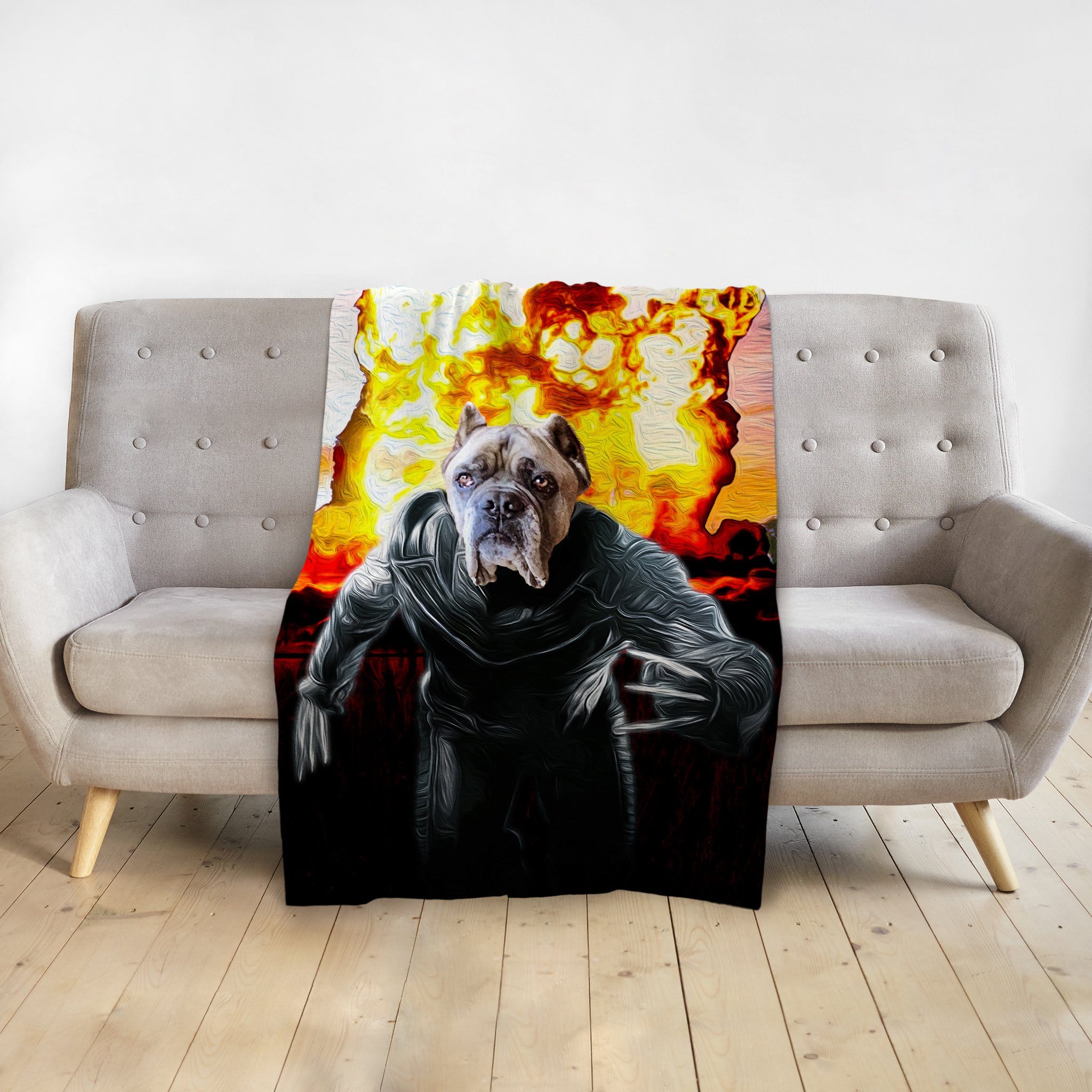 Personalized minky blanket with a custom Wolverine-style dog portrait in front of an explosion.