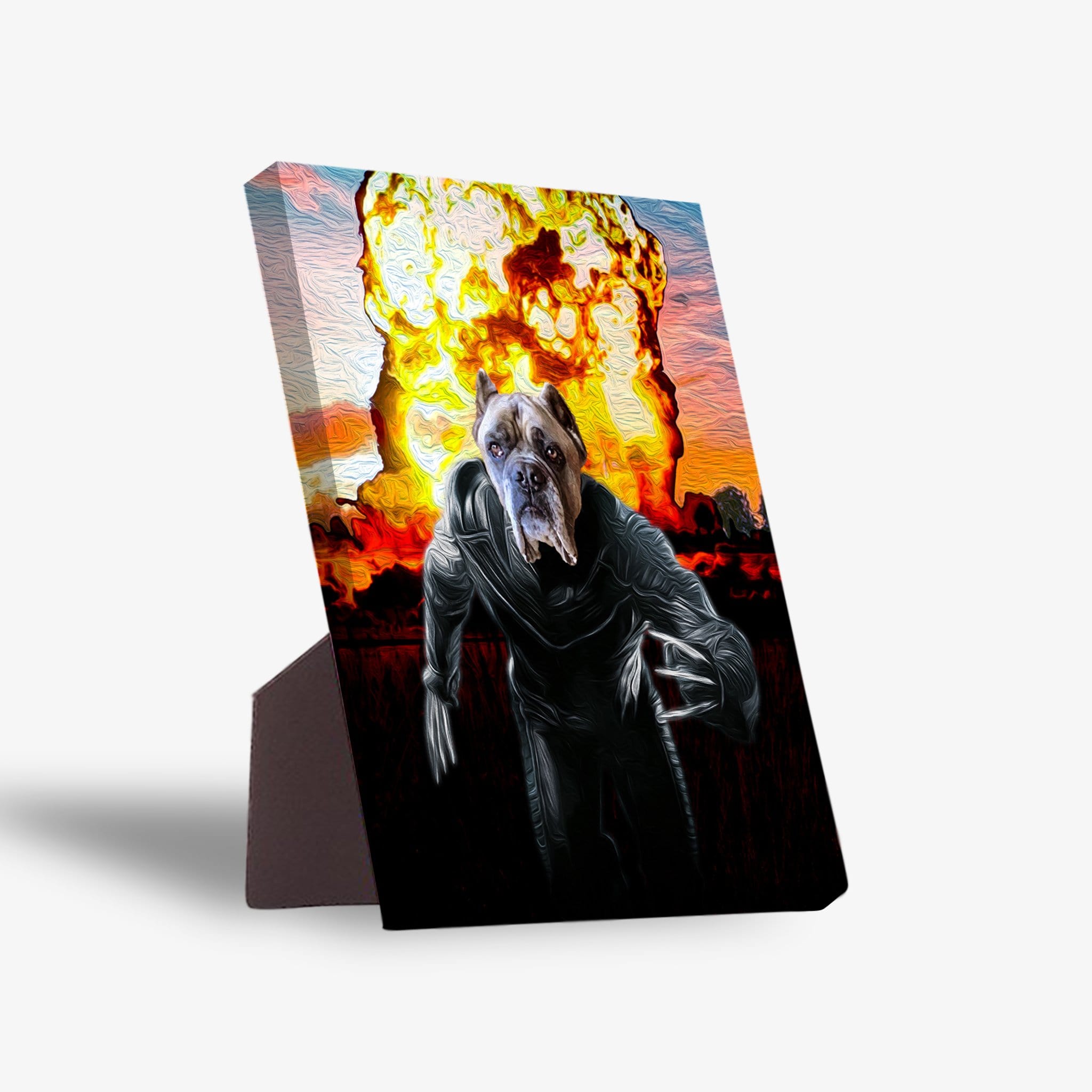 Personalized "Wolverine Dog" standing canvas featuring a pet's head on a superhero body with an explosion background.