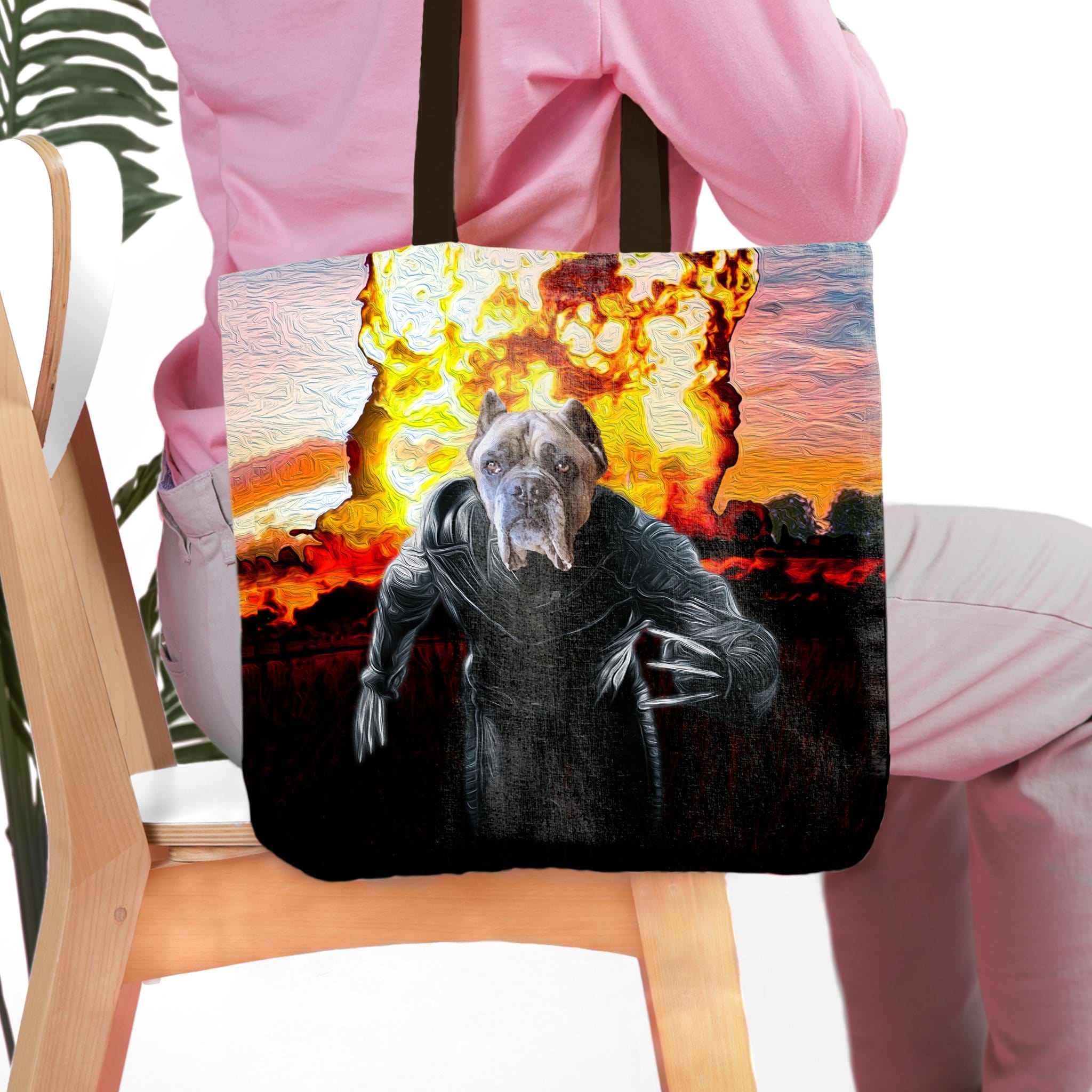 Personalized 'Wolverine Dog' tote bag with a custom pet portrait against an explosion backdrop.