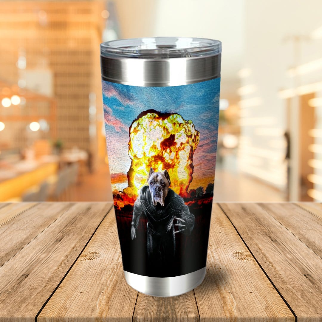 Personalized stainless steel tumbler with a custom dog portrait in a "Wolverine" style, featuring an explosion background.