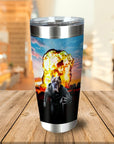 Personalized stainless steel tumbler with a custom dog portrait in a "Wolverine" style, featuring an explosion background.