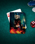 Personalized playing card featuring a white dog in a Wonder Woman-style costume on a green poker table.