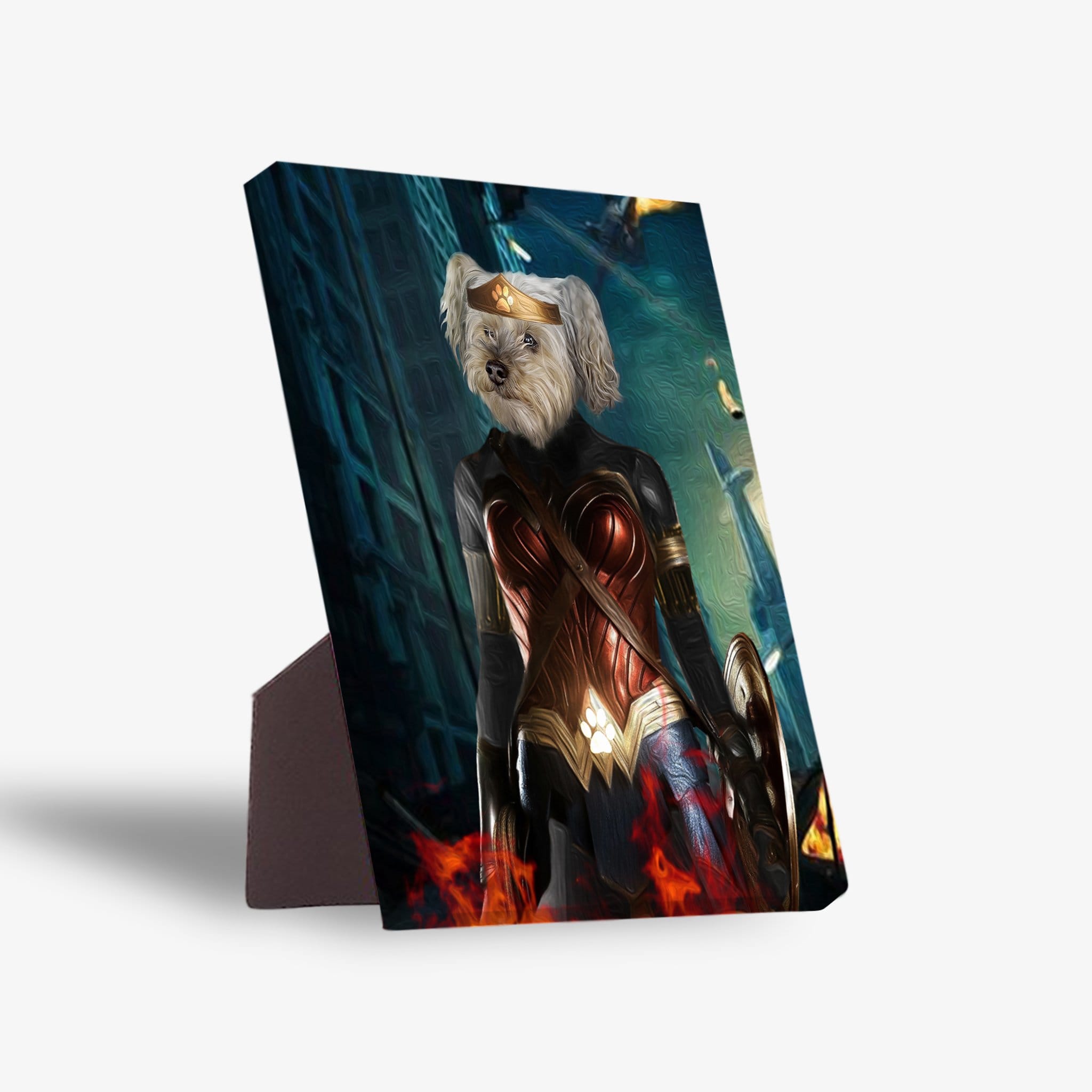 Personalized pet standing canvas featuring a white dog's head on a Wonder Woman body, with a sturdy back stand.