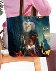 Personalized Wonder Doggette tote bag with a custom dog portrait in a superhero costume.