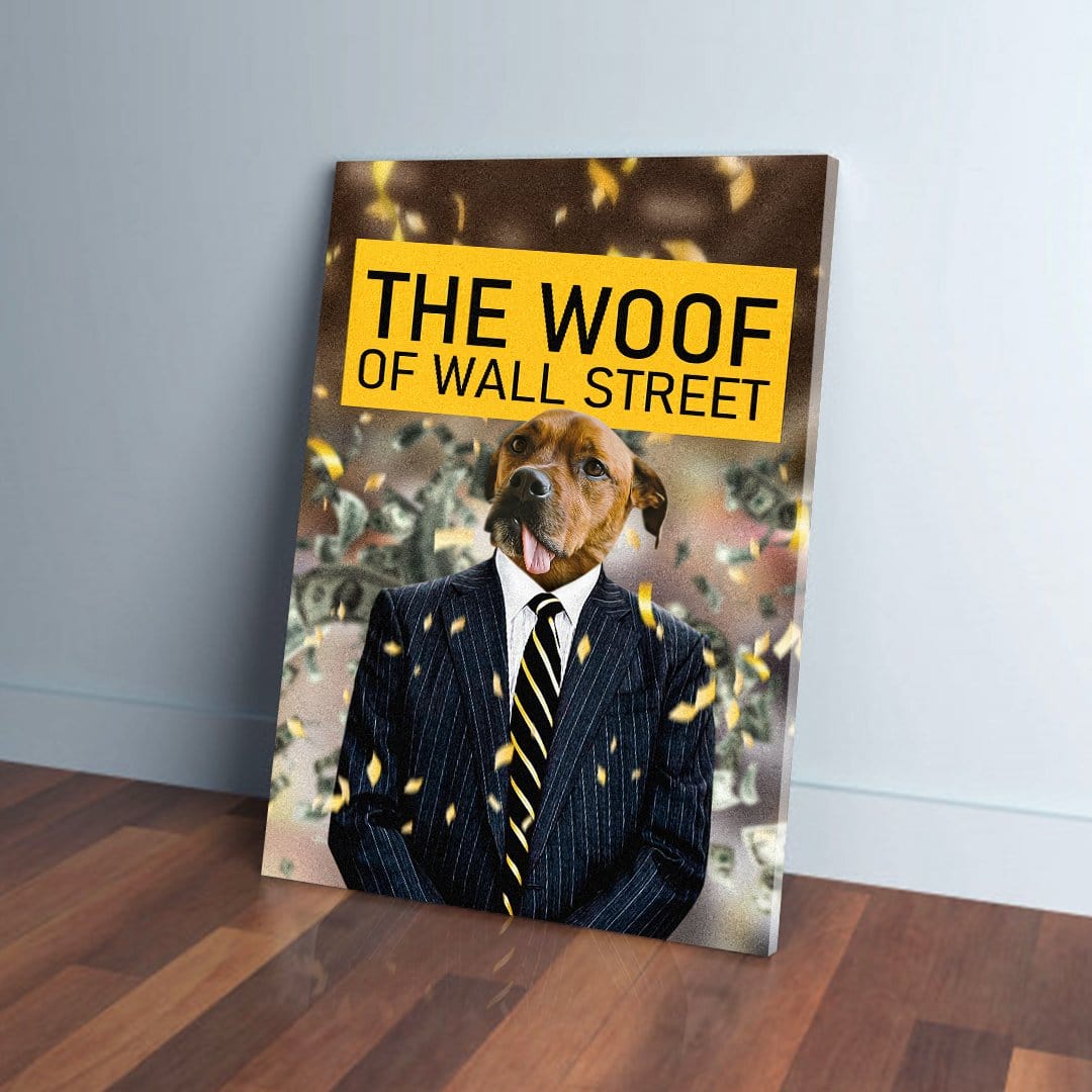 Personalized pet canvas featuring a dog in a pinstripe suit, with "THE WOOF OF WALL STREET" text.