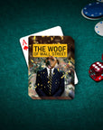 Personalized pet playing cards featuring a dog in a suit, "The Woof of Wall Street" design, on a green felt table with poker chips and dice.