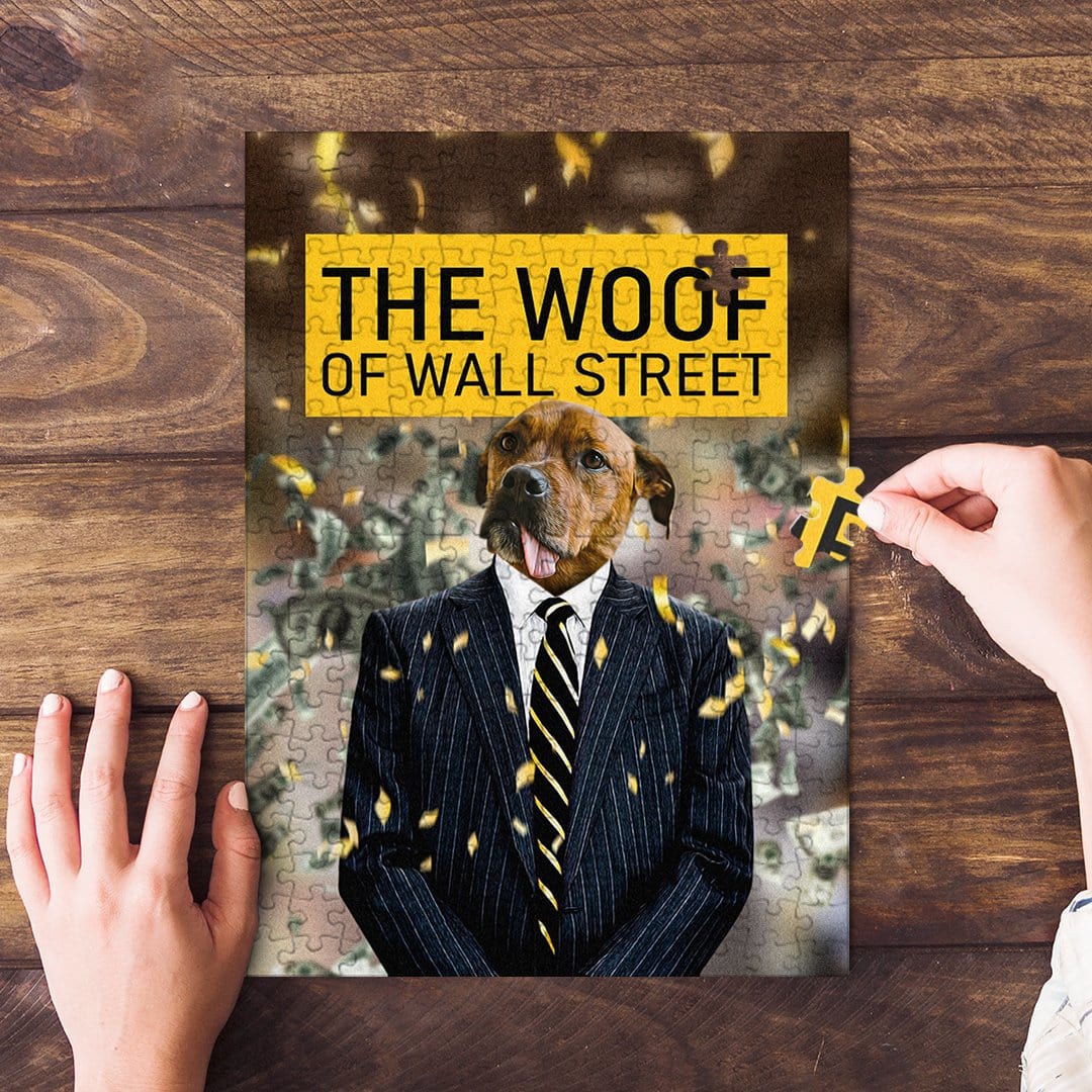 Personalized pet puzzle featuring a dog in a suit, "The Woof of Wall Street" design, on a wooden table.