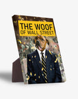 Personalized pet standing canvas featuring a dog in a pinstripe suit with a yellow tie, titled "The Woof of Wall Street.