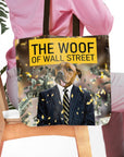 Personalized pet portrait tote bag featuring a dog in a suit with "The Woof of Wall Street" text.
