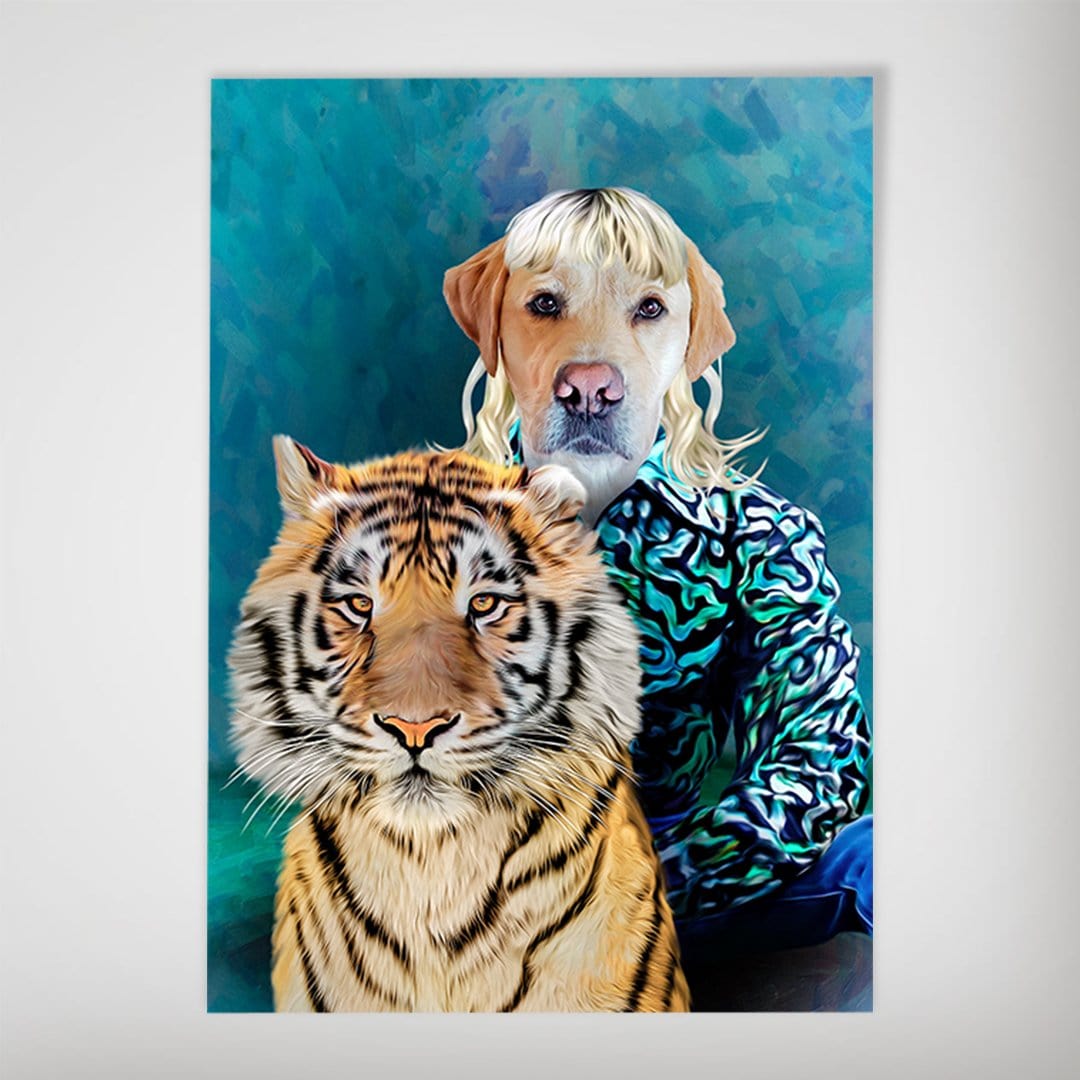 Personalized "Woofer King" dog poster featuring a golden retriever with blonde hair and a tiger, on a teal background.