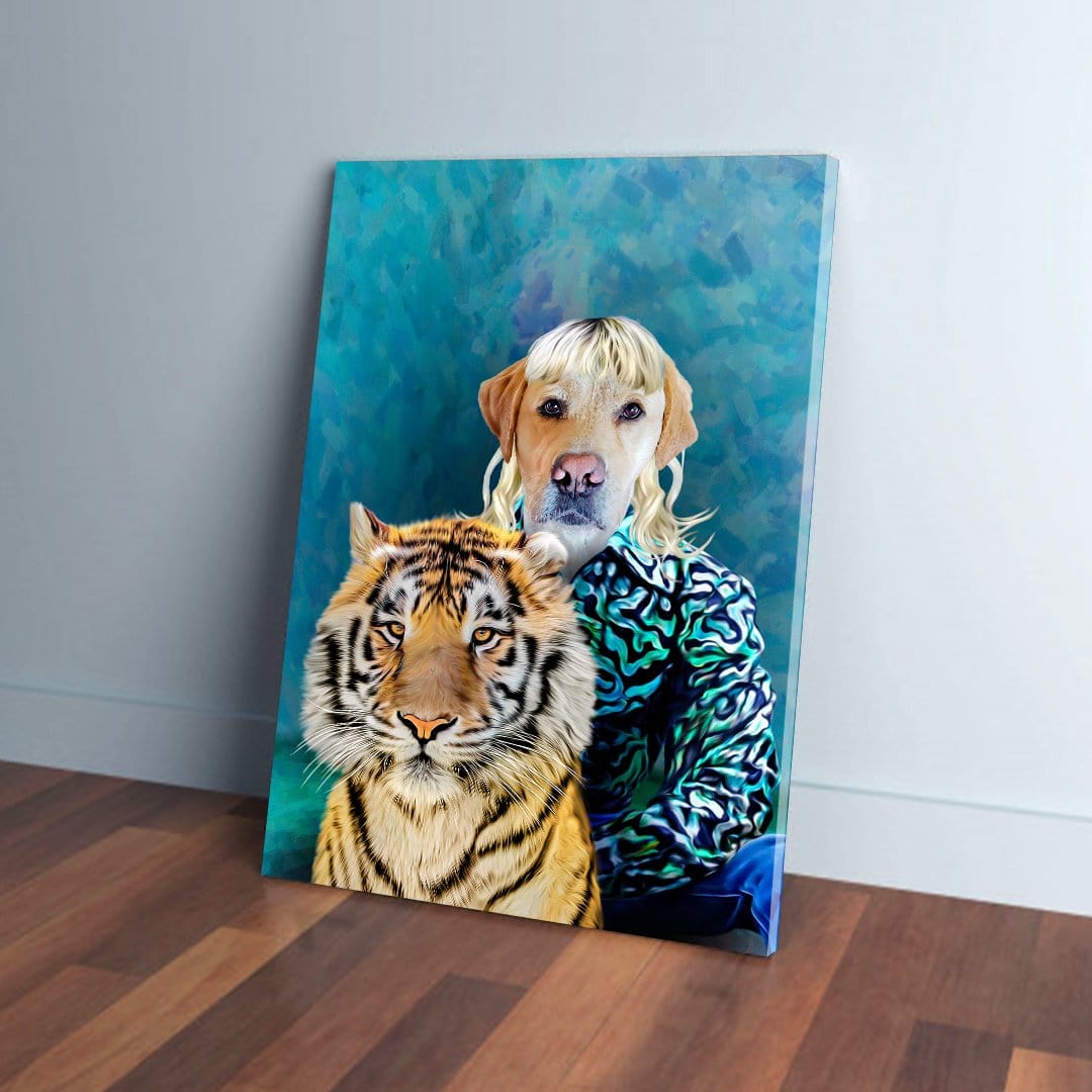 Personalized "Woofer King" pet canvas featuring a dog with a blonde wig and a tiger, on a blue background.