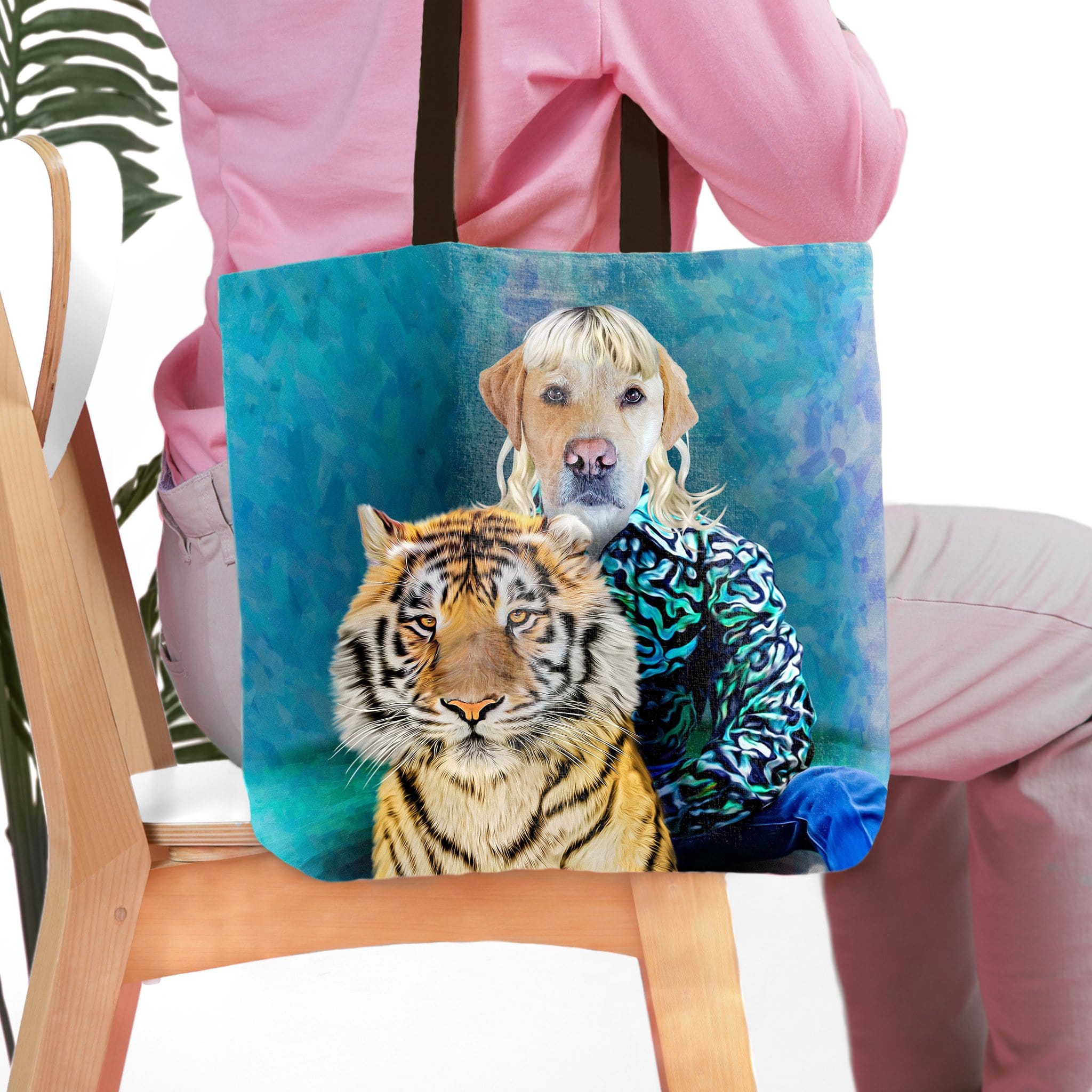 Personalized tote bag with a custom royal pet portrait of a dog and tiger in a watercolor style.