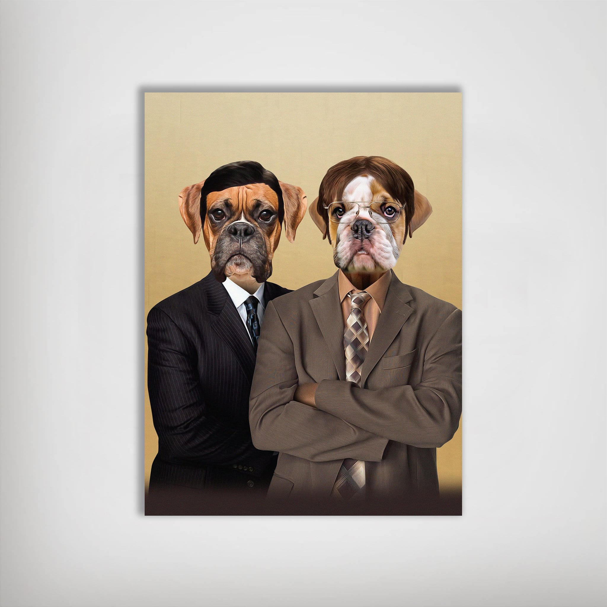 Personalized 'The Woofice' poster featuring two pets in suits, a boxer and a bulldog, on a matte finish.