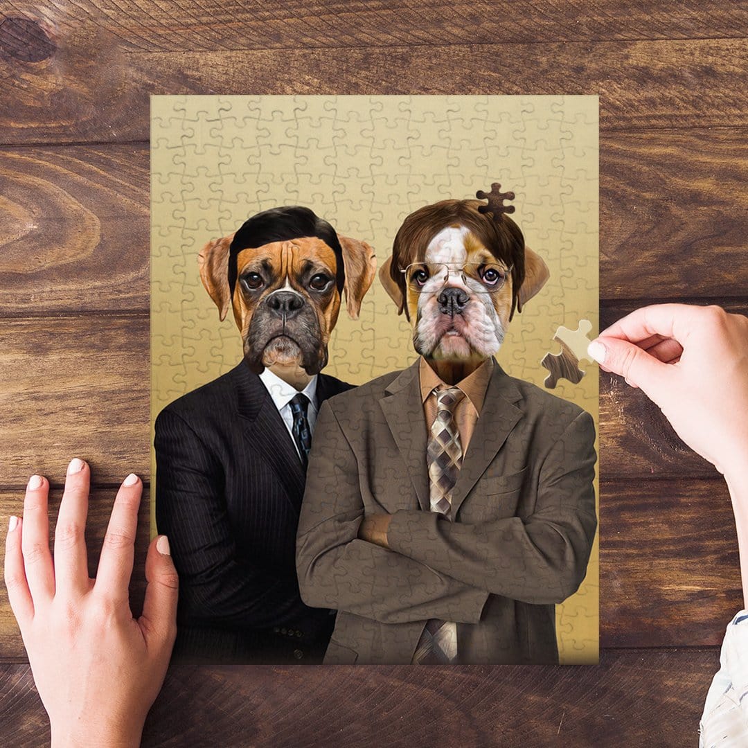 Personalized 2-pet puzzle featuring two dogs in suits, with hands assembling pieces.