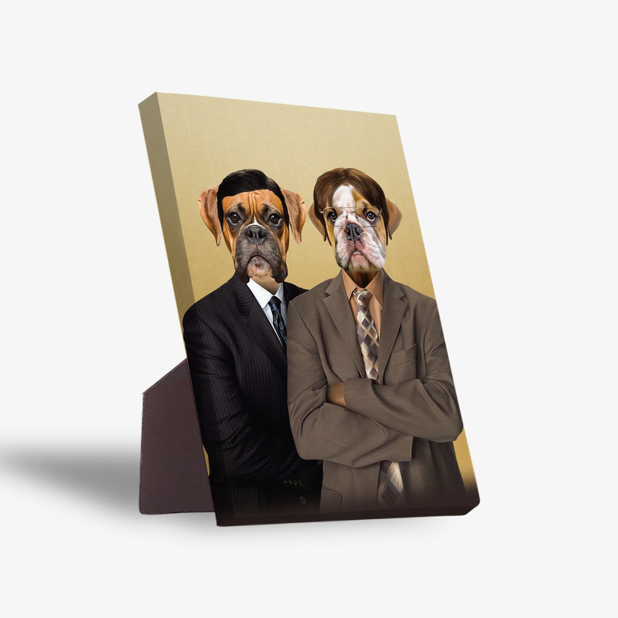 Two pet portraits on a standing canvas, featuring a boxer and bulldog in business suits.